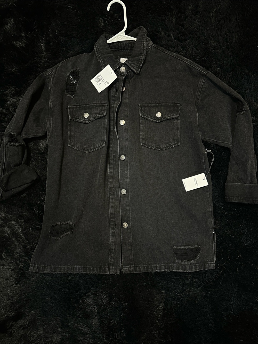 Women’s  Black Distressed oversized  Denim Shirt Jacket - forever 21